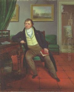 Portrait Of The Artist Holding A Book And A Porte-crayon, A Landscape Painting On An Easel Behind