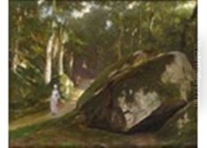 Elegant Lady In A Sunlit Forest by Eugene Pierre Francois Giraud