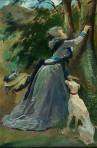 Junge Frau Mit Hund In Parklandschaft by Henri Emile Giraud