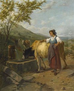 Bauerin Mit Kuh An Der Tranke by Sebastien Charles Giraud