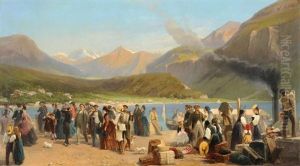 Reisende Beim Schiffssteg Am Brienzersee by Sebastien Charles Giraud