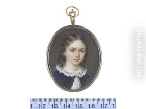 A Young Girl, Wearing Blue Coat Over White Chemise Finished With Frilled Lace, Her Dark Hair Parted And Falling In Tight Waves To Her Shoulders