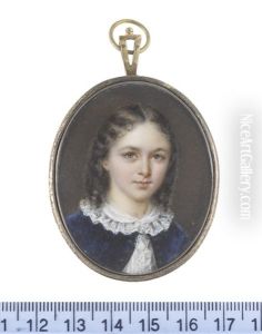 A Young Girl, Wearing Blue Coat And White Chemise With Frilled Lace Collar, Her Dark Wavy Hair Parted