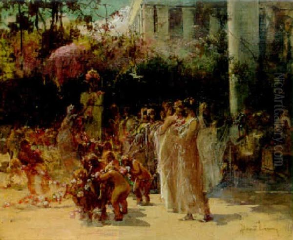Preparing Flower Garlands Before A Classical Building - view 1