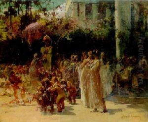 Preparing Flower Garlands Before A Classical Building