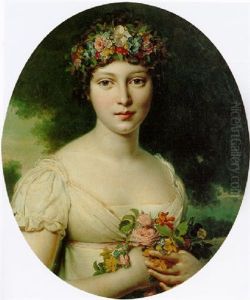 Portrait Of A Young Woman With A Wreath Of Flowers In Her Hair Holding A Bouquet Of Roses And Narcissus