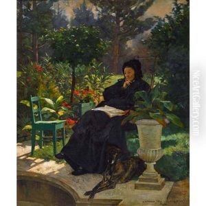 Nachdenkliche Dame Mit Hund Im Sommerlichen Garten by Charles Giron