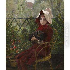 Jeune Fille En Rouge Avec Chat by Charles Giron