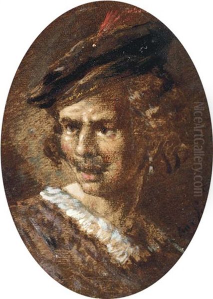 Portrait Of A Man, Bust-length, In A Black Hat With A Red Feather - view 1