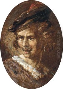 Portrait Of A Man, Bust-length, In A Black Hat With A Red Feather by Henri Emile Giroud