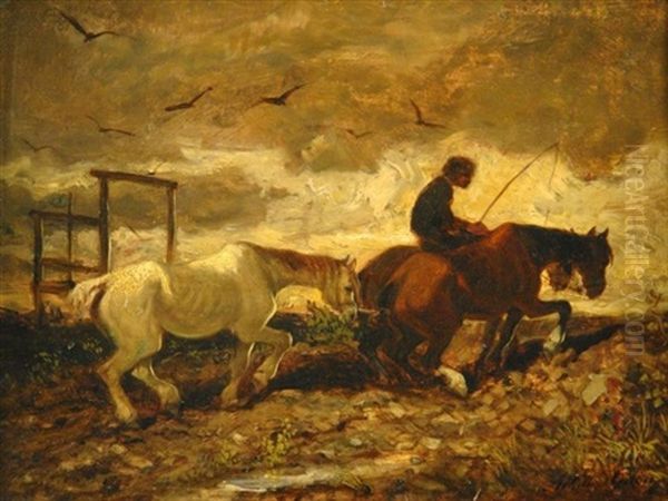 Am Abend. Bauer Mit Seinen Pferden Auf Dem Heimweg - view 1