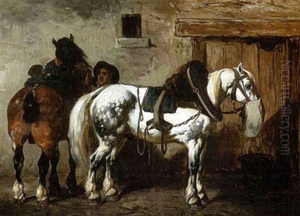 Stallbursche Mit Zwei Pferden - view 1