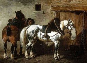 Stallbursche Mit Zwei Pferden by Achille Giroux