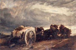 Horses Pulling A Heavy Cart In A Stormy Landscape by Achille Giroux