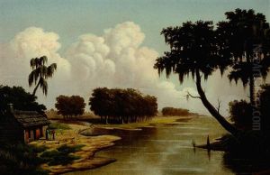 Rural Louisiana Bayou Scene With Nearby Farm And Figures By The Shore