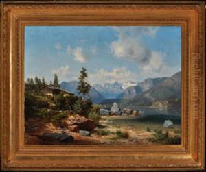 An Alpine Landscape With A Chalet By A River by Bernhard Girscher