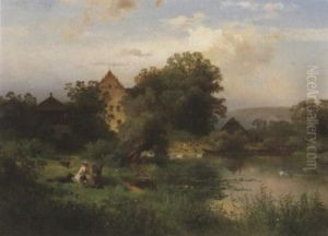 Schloschen Am Muhlteich. Idyllische Szene Mit Personen Und Tieren Am Ufer Des Sees