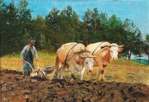 Farmer Ploughing by Josef Gisela
