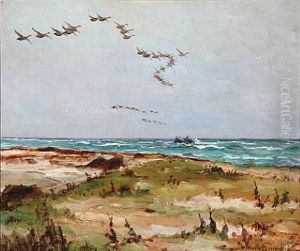 Beach Scene With Wild Geese by William Gislander