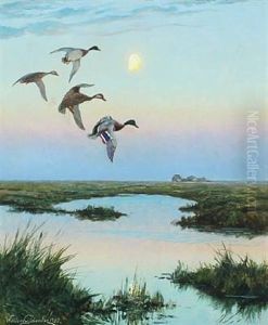 Moorland Scenery With Ducks In The Moonlight by William Gislander