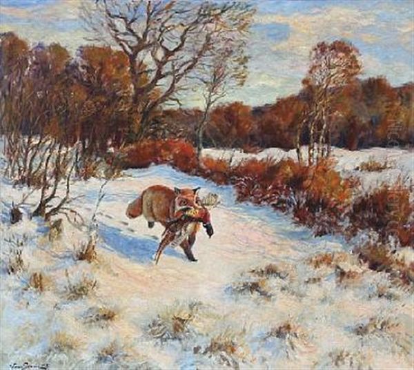 Snow Landscape With A Fox Who Has Caught A Pheasant - view 1