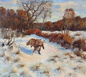 Snow Landscape With A Fox Who Has Caught A Pheasant by William Gislander