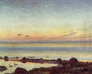 Flyvende Aender Over Havet Ved Solnedgangstide by William Gislander