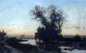 Bord De Riviere Au Coucher De Soleil by Alexandre-Charles-Joseph Gittard