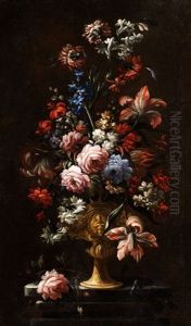 Stilleben Mit Reliefierter Prunkvase Und Grossem Blumenbukett by Niccola Giuli