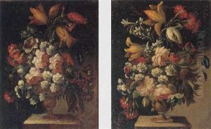 Still Life Of Mixed Flowers In A Gilt Urn, Upon A Stone Pedestal by Niccola Giuli