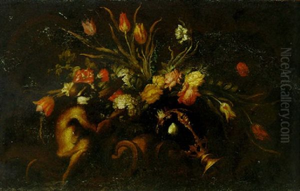 Parrot Tulips, Roses, Narcissi And Other Flowers In An Upturned Vase With A Monkey - view 1