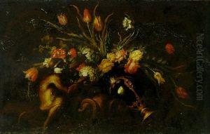 Parrot Tulips, Roses, Narcissi And Other Flowers In An Upturned Vase With A Monkey by Niccola Giuli