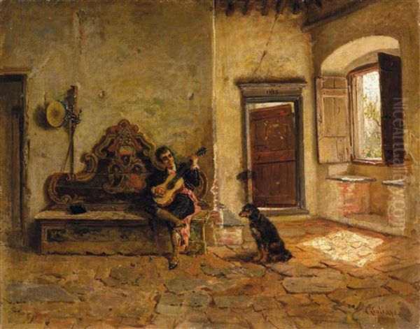 Figura Con Chitarra E Cane In Un Interno, 1900 - view 1