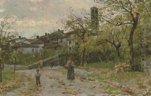 A Woman And Child On A Path Outside A Village