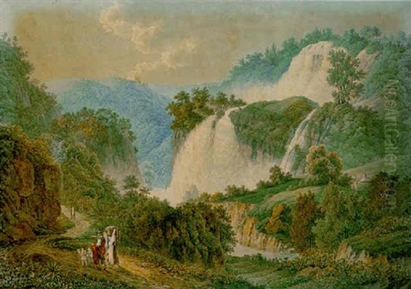A Mountainous Landscape With Waterfalls, And A Family Of Peasants In The Foreground - view 1