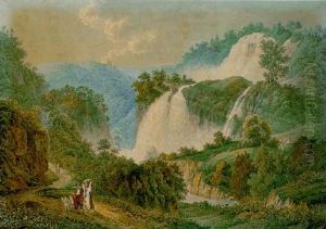 A Mountainous Landscape With Waterfalls, And A Family Of Peasants In The Foreground by Filippo Giuntotardi