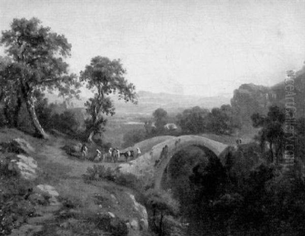 Oberitalienische Landschaft Mit Figurlicher Staffage Au Einer Brucke - view 1