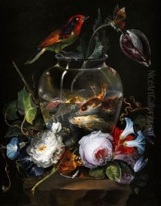 Stilleben Mit Aquarium Umstellt Von Sommerblumen Und Vogel Sowie Schmetterling