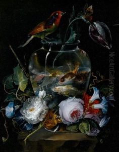 Aquarium Entoure De Fleurs Sur Une Margelle