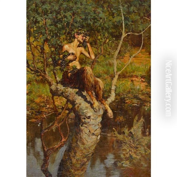 Lachender Faun Mit Trauben Auf Einem Baum - view 1