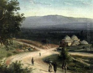 Landschaft Mit Gebauden Und Menschen Auf Wegen by Mo Givanian