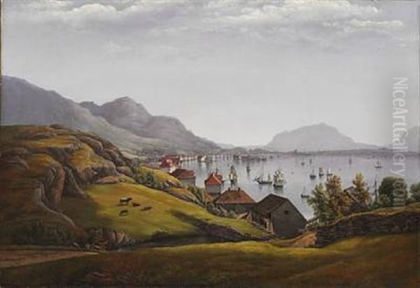Norwegian Fjord With Traffic At Sea, Presumably Off Frederikshald (halden) - view 1
