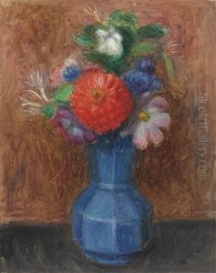 Flowers In Blue Octagonal Vase Flowers In Blue Octagonal Vase