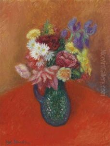 Flowers With Red Tablecloth by William Glackens