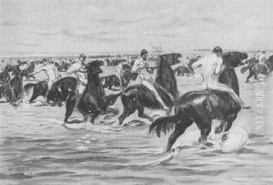 With The Regulars At Port Tampa, Florida, U.s. Cavalry Troops Taking Their Horses Fora Dash Into The Gulf. by William Glackens