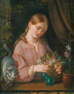Ein Junges Madchen Mit Blumen Und Einer Katze Am Fenster