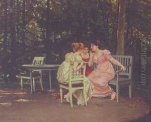 Three Ladies Sharing Secrets In The Garden by Pierre Paul Leon Glaize