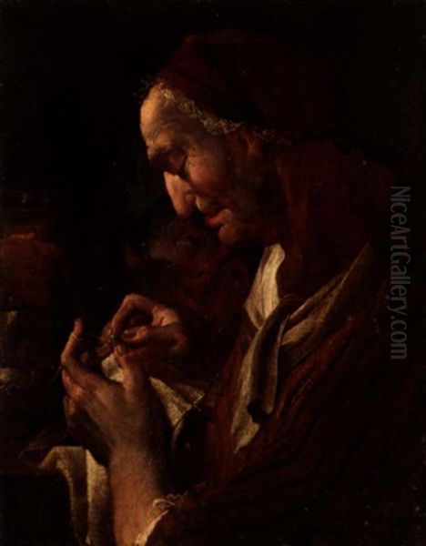 An Elderly Lady Making Lace, A Young Child Behind - view 1