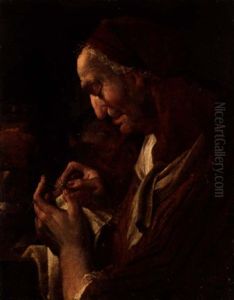 An Elderly Lady Making Lace, A Young Child Behind An Elderly Lady Making Lace, A Young Child Behind