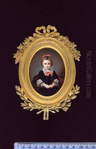 Miss Emily Davis, As A Young Girl, Seated With Hands Clasped In Her Lap, Wearing Black Velvet Dress With White Lace Collar And Sleeve Adornments, Coral Pink Ribbon Trimmings by Charles Louis Francois Glardon-Leubel
